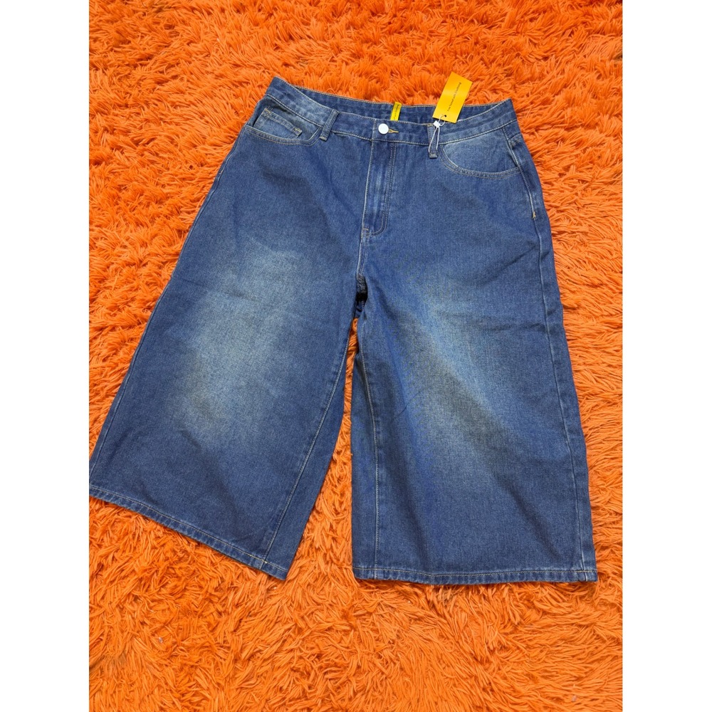 MYOURSA MYS411 Mens Wide Leg Denim Shorts Dark Blue Faded Streetwear XL 36 Waist
